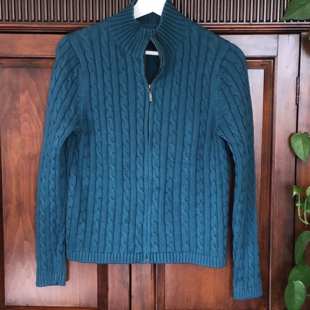 L.L. Bean cabled zipper cardigan, teal 100% cotton, Size M
